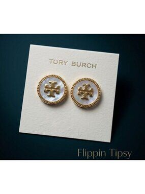 Tory Burch Mother of Pearl & Gold Stud Logo Earrings